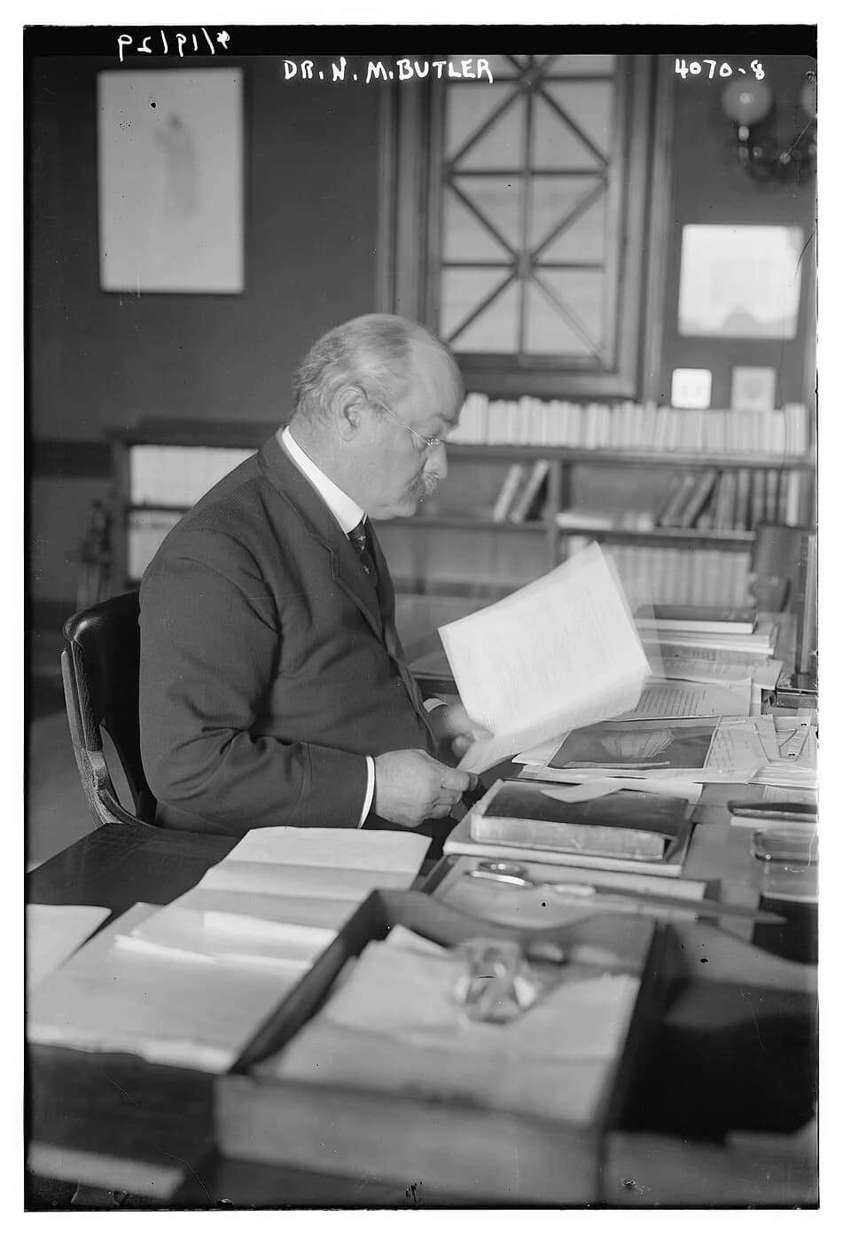 Nicholas Murray Butler - Bain News Service,, publisher.
Dr. N.M. Butler
[between ca. 1915 and ca. 1920]
1 negative : glass ; 5 x 7 in. or smaller.
Notes:
 Title from unverified data provided by the Ba
