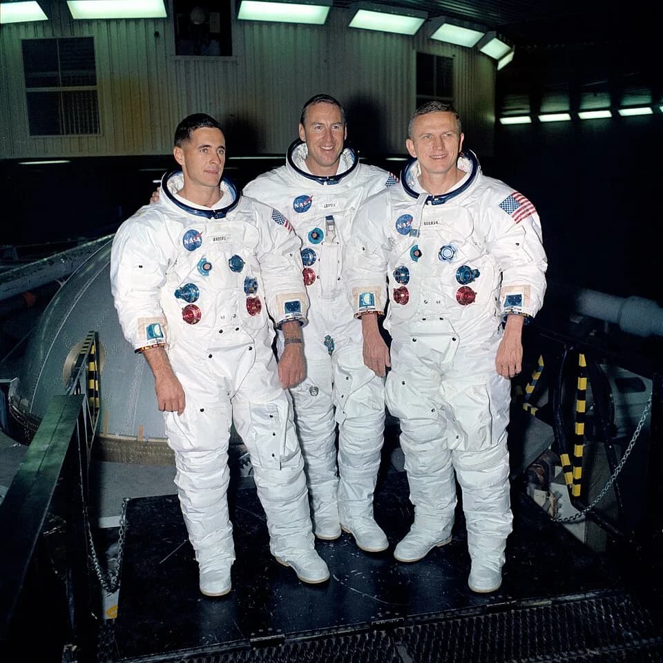 Bill Anders - The prime crew of the Apollo 8 lunar orbit mission stands beside the gondola in Building 29 after suiting up for centrifuge training in the Manned Spacecraft Center's (MSC) Flight Accele