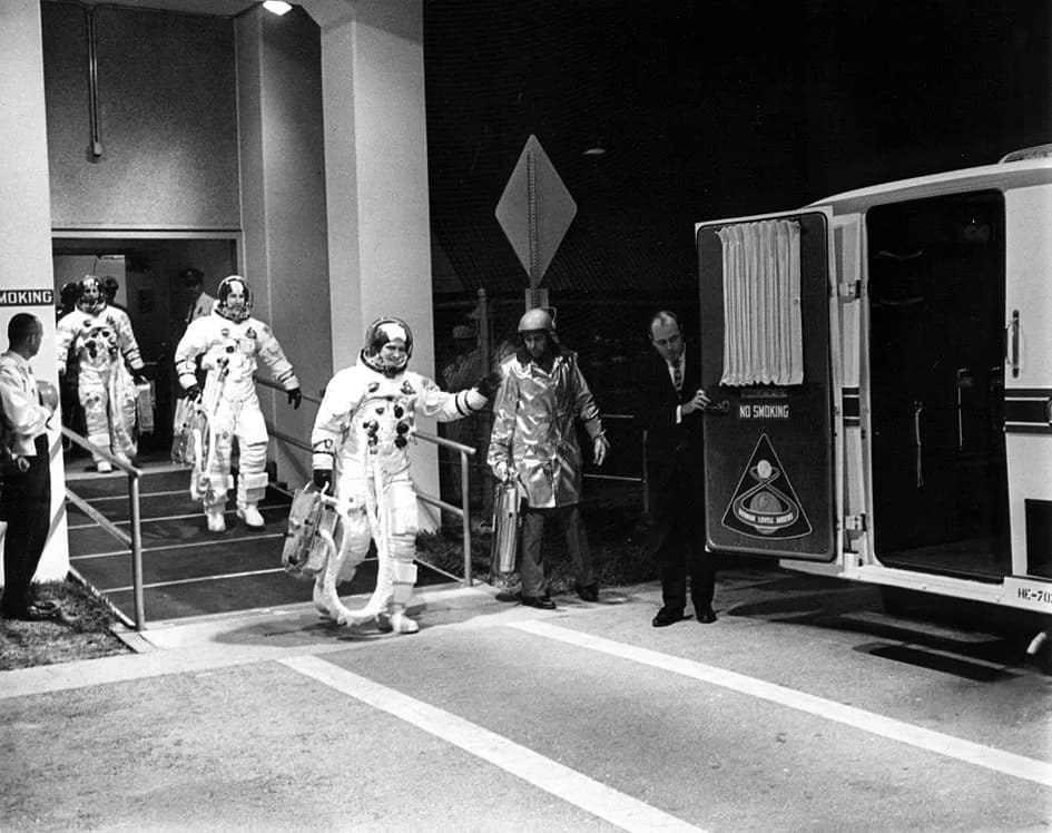 Bill Anders - The Apollo 8 crew leaves the Kennedy Space Center's Manned Spacecraft Operations Bldg during the Apollo 8 prelaunch countdown. Astronaut Frank Borman, commander, leads followed by Astron