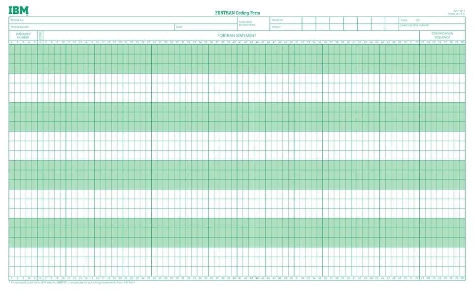 John Backus - Render of PDF FORTRAN Coding Form inspired by an old IBM form.
Created and uploaded by Agateller (Anthony Atkielski).

The original form upon which this model is based carries no copyrig