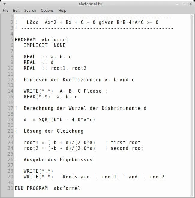 John Backus - Das Programm ist in Fortran90 geschrieben. Als Editor wurde das einfache Textbearbeitungsprogramm leafpad in einer Linux-Umgebung genutzt. Quelle: https://www.rhetos.de/html/lex/fortran9