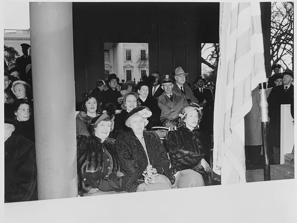 Bess Truman - Photograph of First Lady Bess Truman and Margaret Truman, with other dignitaries, watching the Inaugural parade from... - NARA - 200066.jpg