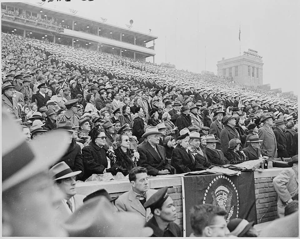 Bess Truman - Photograph of President Truman and Mrs. Truman with other dignitaries, watching the Army-Navy football game in... - NARA - 200251.jpg
