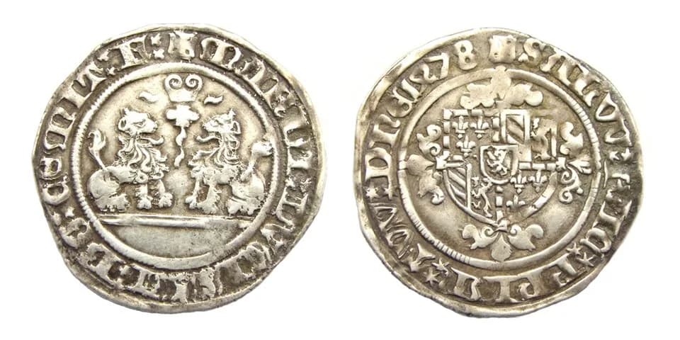 Mary of Burgundy - Flanders, double briquet, struck in 1478 under Mary of Burgundy. Two lions rampant combatant, fire-steel (briquet) above. Shield of Burgundy over floriated cross.