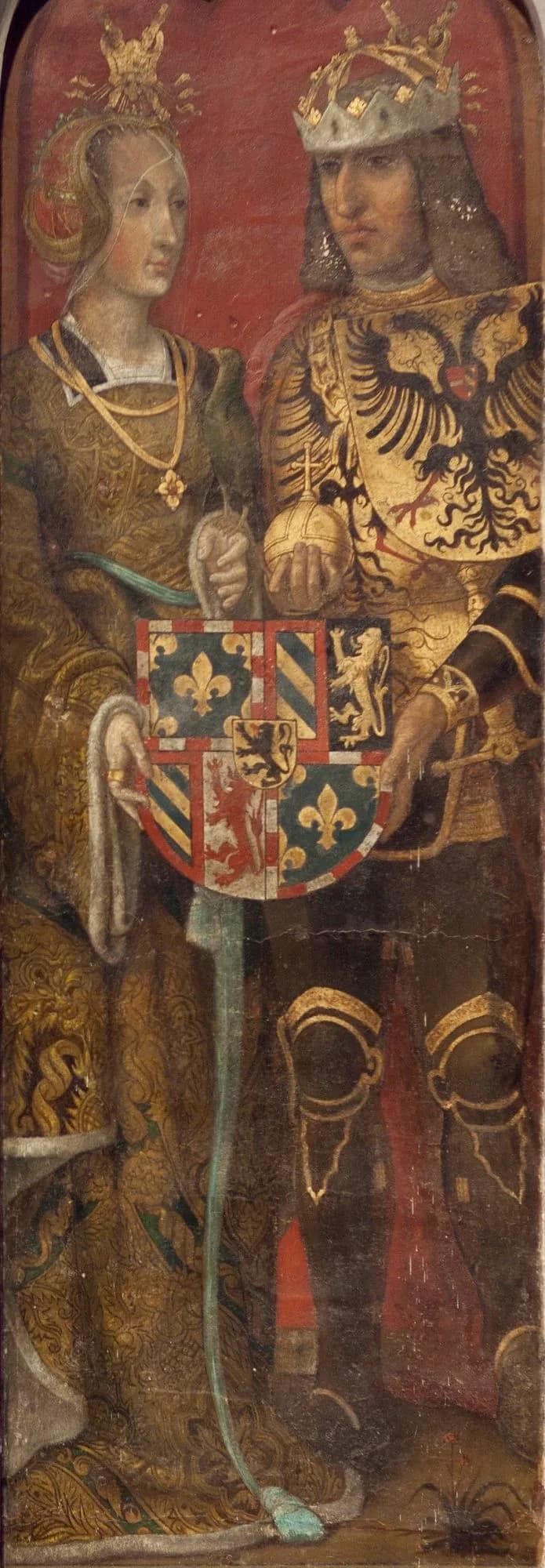 Mary of Burgundy - Mary of Bergundy ("Mary the Rich"), the only child and sole heiress of Charles the Bold, Duke of Burgundy, with her husband Maximilian of Austria. The couple hold the shield of Mary