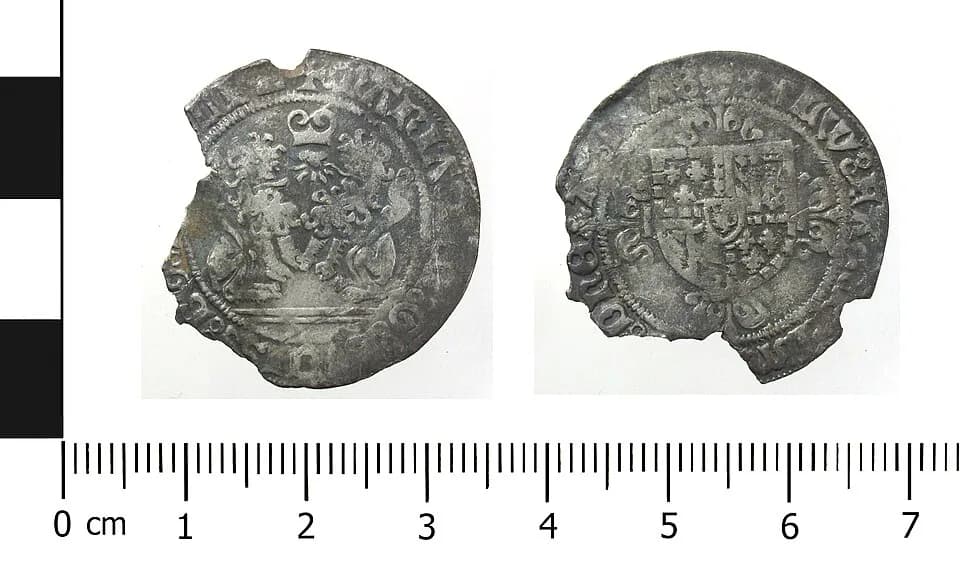 Mary of Burgundy - Medieval coin: double briquet of Maria of Bourgogne of the Low Countries, Brabant and Flanders minted between 1477 and 1482.