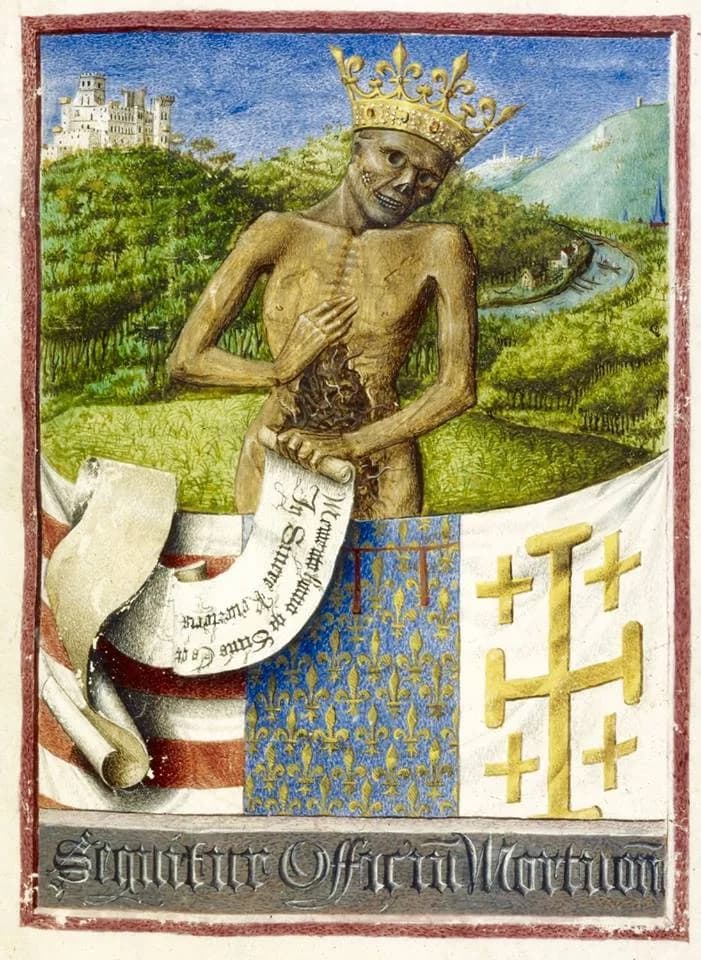 Mary of Burgundy - La Mort personnifiée tient une banderole sur laquelle on peut lire « Souviens-toi, homme, que tu es poussière et que tu redeviendras poussière » en latin. C'est un Memento Homo. Tir