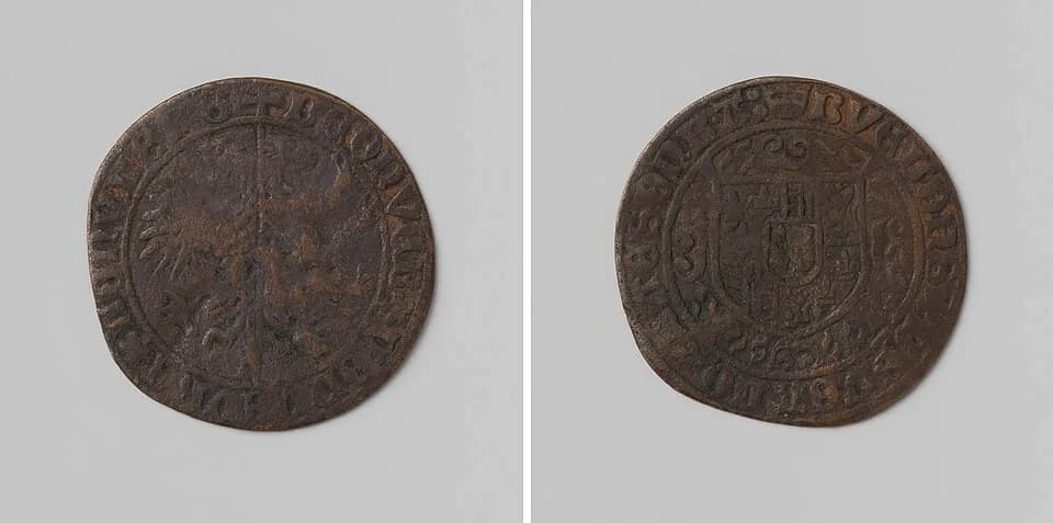 Mary of Burgundy - IdentificatieTitel(s): Huwelijk van Maximiliaan, aartshertog van Oostenrijk met Maria, hertogin van BourgondieObjecttype: rekenpenning Objectnummer: NG-VG-3-9Omschrijving: Koperen p