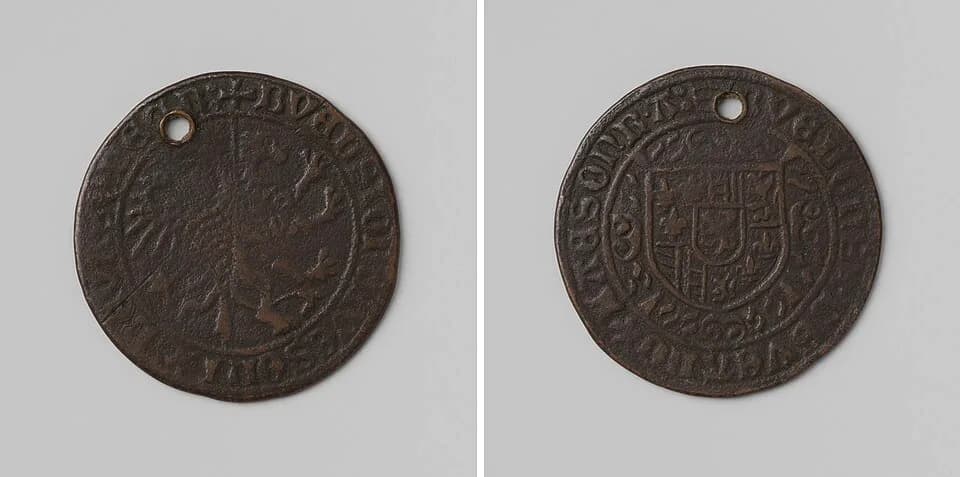 Mary of Burgundy - IdentificatieTitel(s): Huwelijk van Maximiliaan, aartshertog van Oostenrijk met Maria, hertogin van BourgondieObjecttype: rekenpenning Objectnummer: NG-VG-3-10Omschrijving: Koperen 