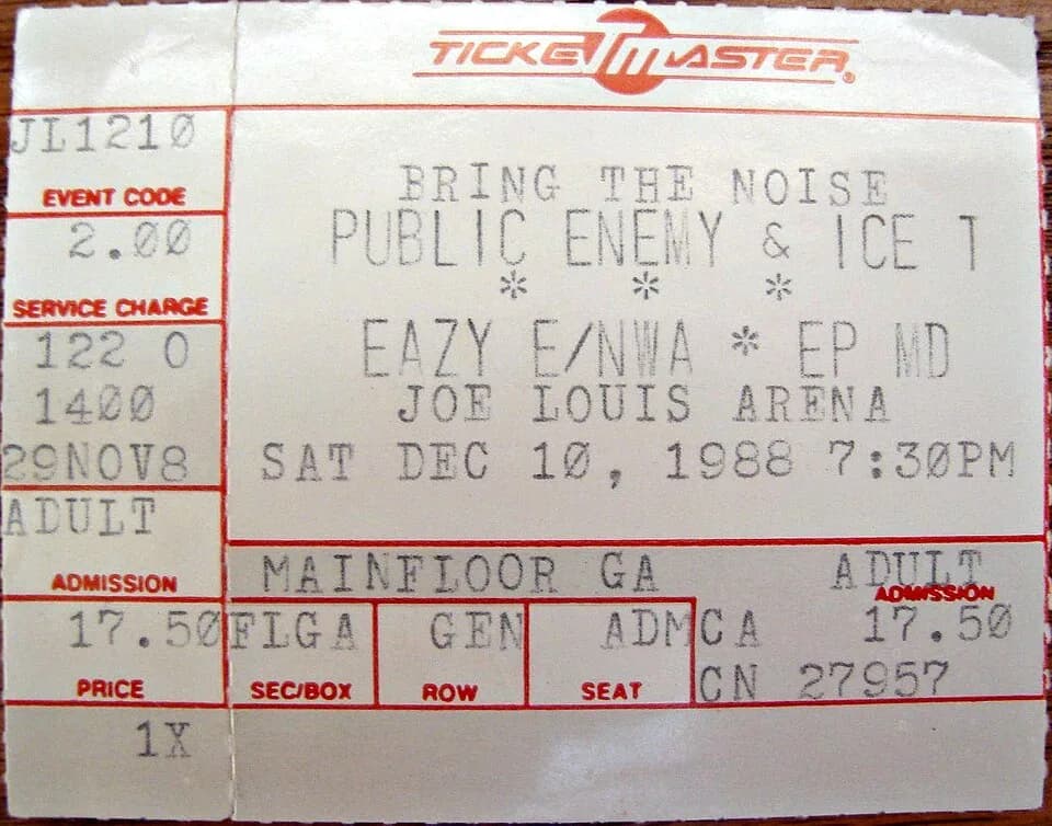 Eazy-E - A concert ticket for the Public Enemy tour at the Joe Louis Arena in Detroit, Michigan on December 10, 1988.
The concert featured Public Enemy, Ice-T, N.W.A, Eazy-E and EPMD.
