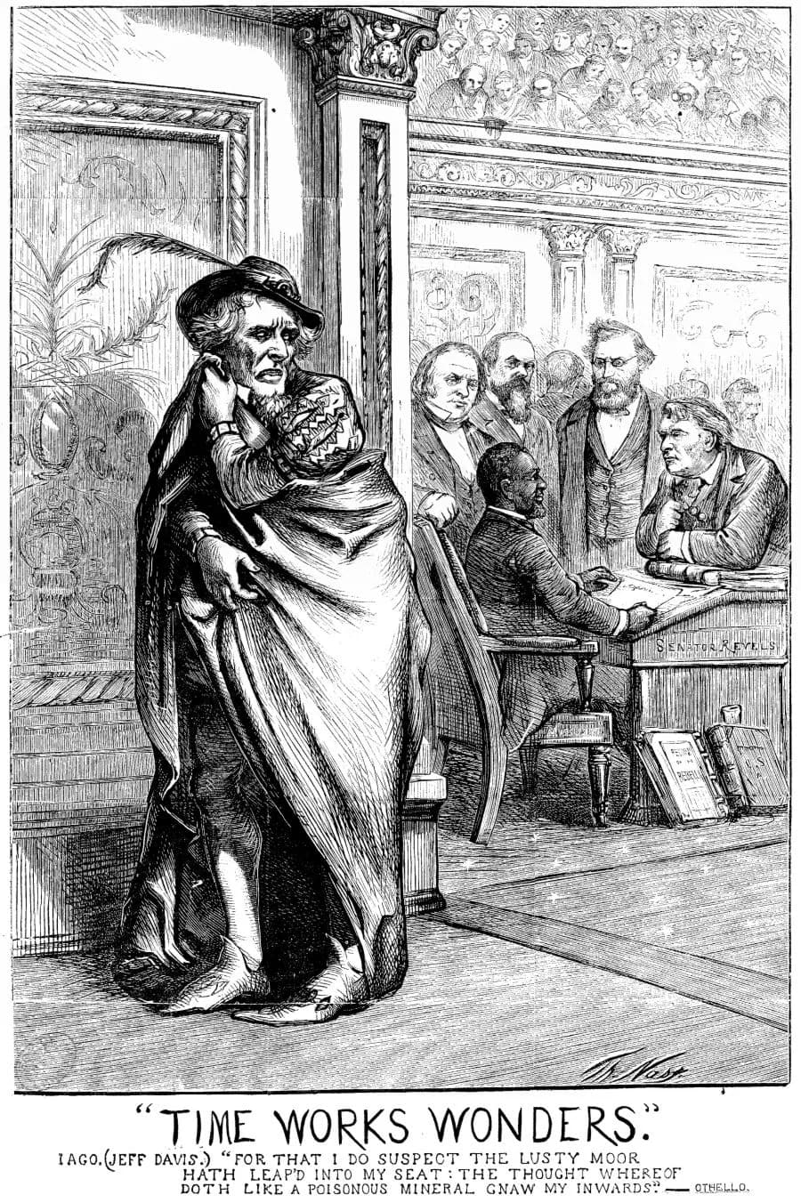 Henry Wilson - Hiram Revels takes a seat for Mississippi in the U.S. Senate amidst a contemplative group of other senators (l. to r. : Henry Wilson, Oliver Morton, Carl Schurz and Charles Sumner) whil