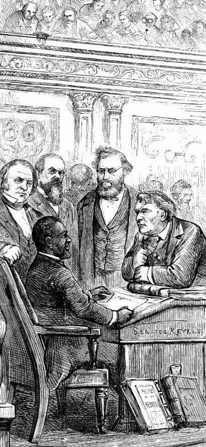 Henry Wilson - Hiram Revels takes a seat for Mississippi in the U.S. Senate amidst a contemplative group of other senators (from l. to r. : Henry Wilson, Oliver Morton, Carl Schurz and Charles Sumner)