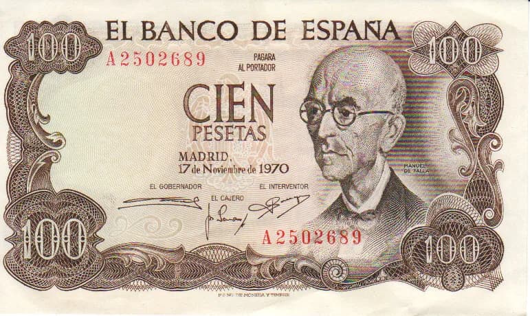 Manuel de Falla - Spain, Manuel de Falla depicted, bank notes peseta, 100 peseta, later pattern (used until introduction of euro currency), observe

Scan from own collection