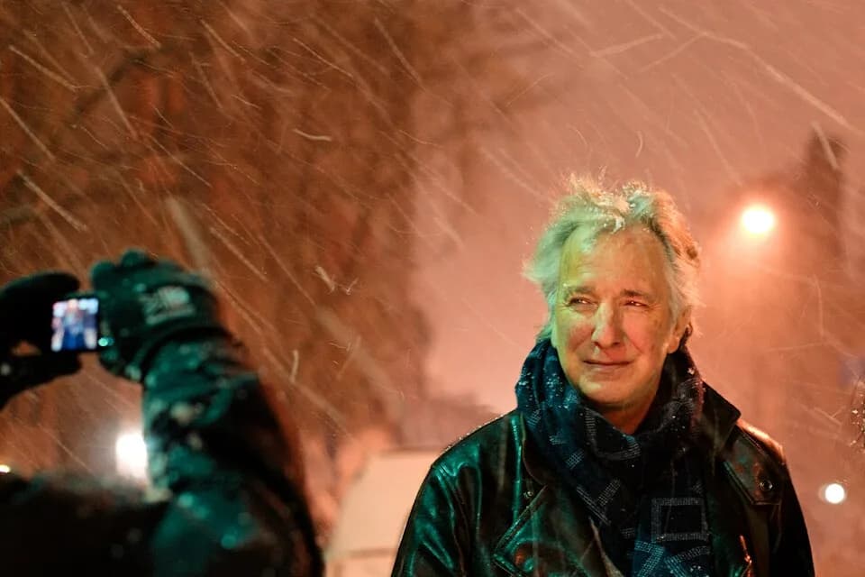 Alan Rickman - Alan Rickman posing for pictures at the stage door after a performance of Ibsen's John Gabriel Borkman at the Brooklyn Academy of Music.