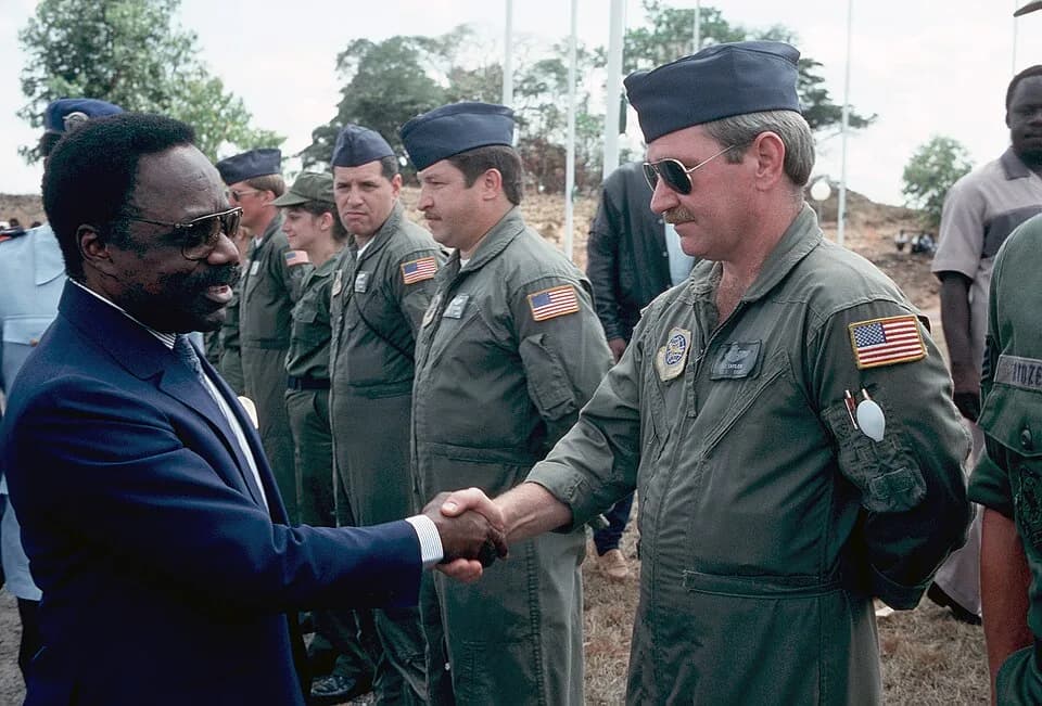 Omar Bongo - President Omar Bongo thanks participants in Gabon Medflag 88, in which American military personnel provide medical assistance and training to citizens of his West African nation.
The orig