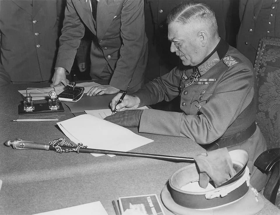 Wilhelm Keitel - Field Marshal Wilhelm Keitel signing the unconditional surrender of the German Wehrmacht at the Soviet headquarters in Karlshorst, Berlin.