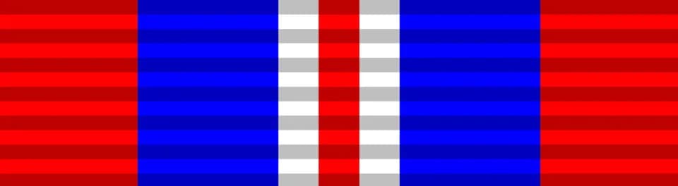 Muhammad Zia-ul-Haq - The ribbon of the War Medal, a British World War II military campaign medal, 32 millimetres wide with a 6½ millimetres wide red band, a 6½ millimetres wide blue band and a 2 mill