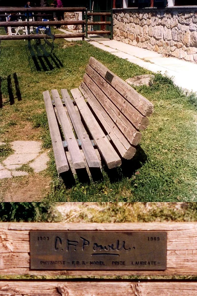 C. F. Powell - Montage photograph of Cecil Powell memorial plaque marking his place of death in Italy. Located at the Rifugio Capanna Vittoria (now the Capanna Vittoria restaurant), on the Alpe Giumel