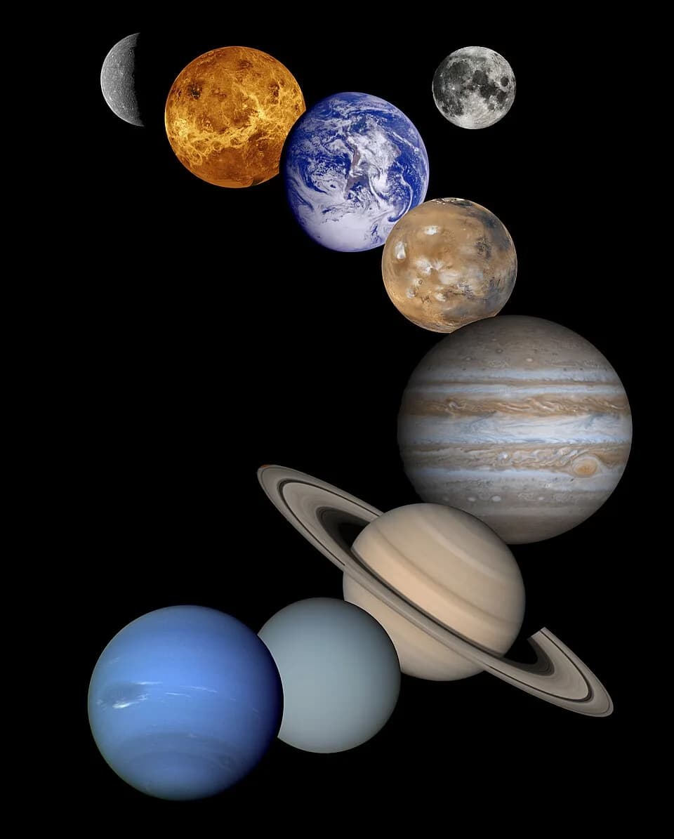 Fred Hoyle - This is  a montage of planetary images taken by spacecraft managed by the Jet Propulsion Laboratory in Pasadena, CA. Included are (from top to bottom) images of Mercury, Venus, Earth (and