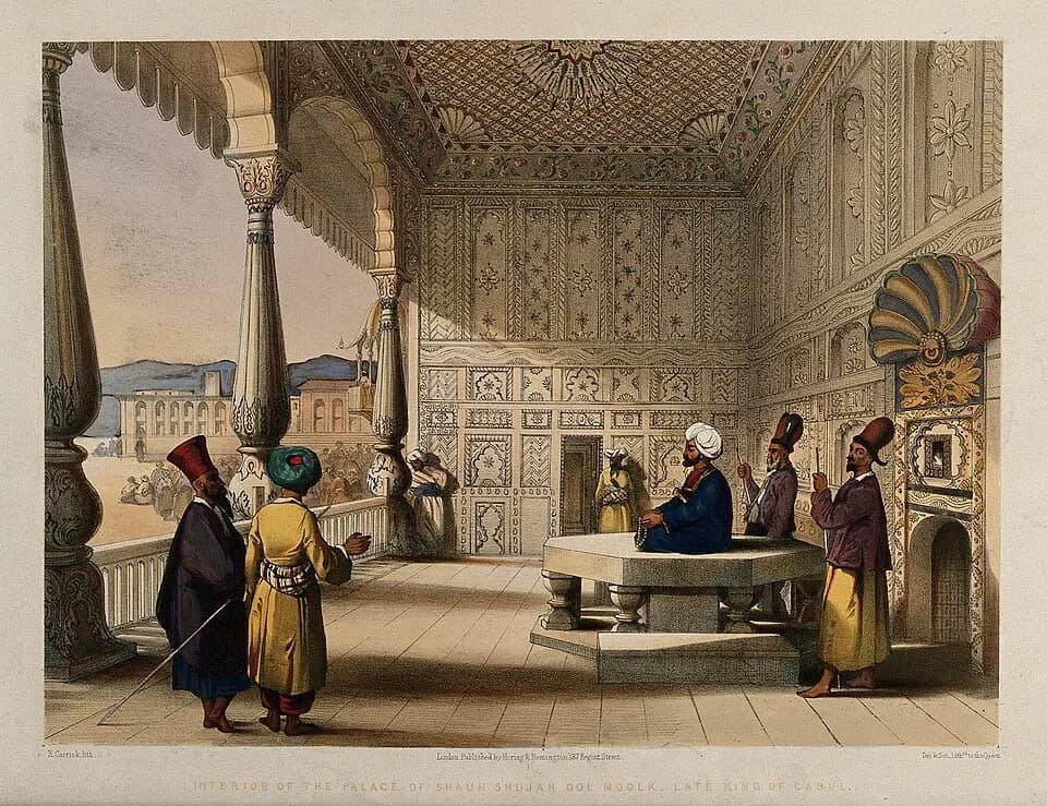 Mohammad Najibullah - Men in the decorated palace of Shah Shujah Ool Moolk, Afghanistan. Coloured lithograph by R. Carrick after Lieutenant James Rattray, c. 1847.
Iconographic Collections
Keywords: