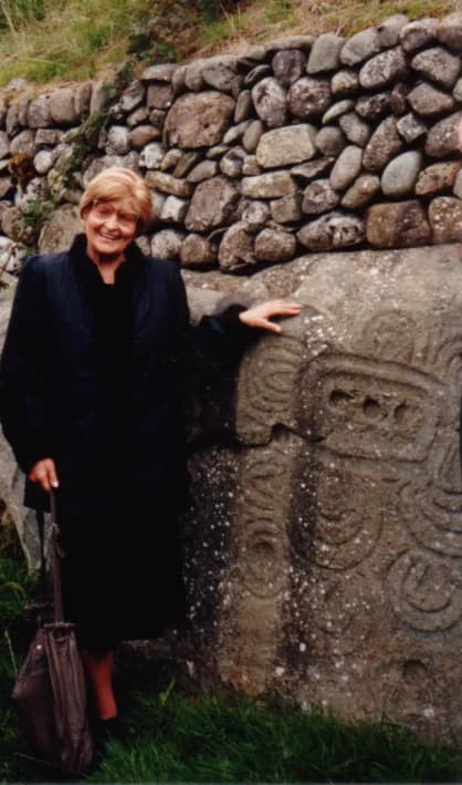 Marija Gimbutas - Photograph of Marija Gimbutas at the back of Newgrange, Co. Meath, Ireland. I took this photograph myself on 1989-09-29. Michael Everson