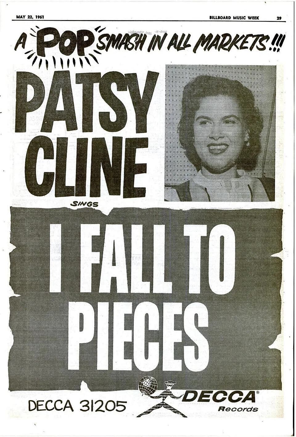 Patsy Cline - Advertisement for Patsy Cline's single, "I Fall to Pieces". 22 May 1961.