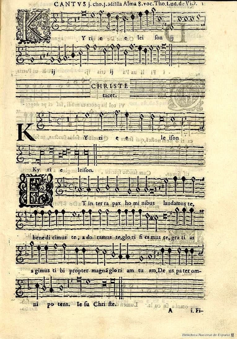 Tomás Luis de Victoria - «Missa alma redemptoris», en Missae Magnificat, Motecta psalmi & alia quã plurima quæ partim octonis, alia nonis, alia duidenis vocibus concinentur, Madrid, tipografía reg