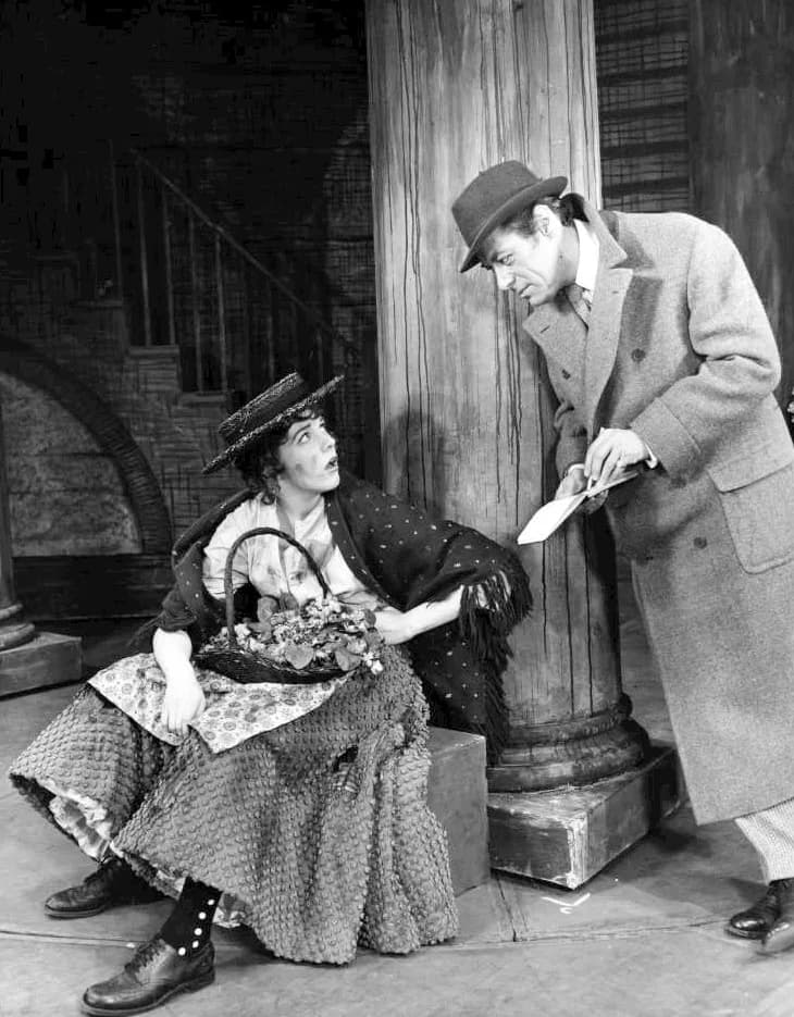 Rex Harrison - Photo of Julie Andrews and Rex Harrison from My Fair Lady.  Eliza Doolittle, the flower girl, meets Professor Henry Higgins. The costumes were made by Helene Pons for the 1957 Broadway 