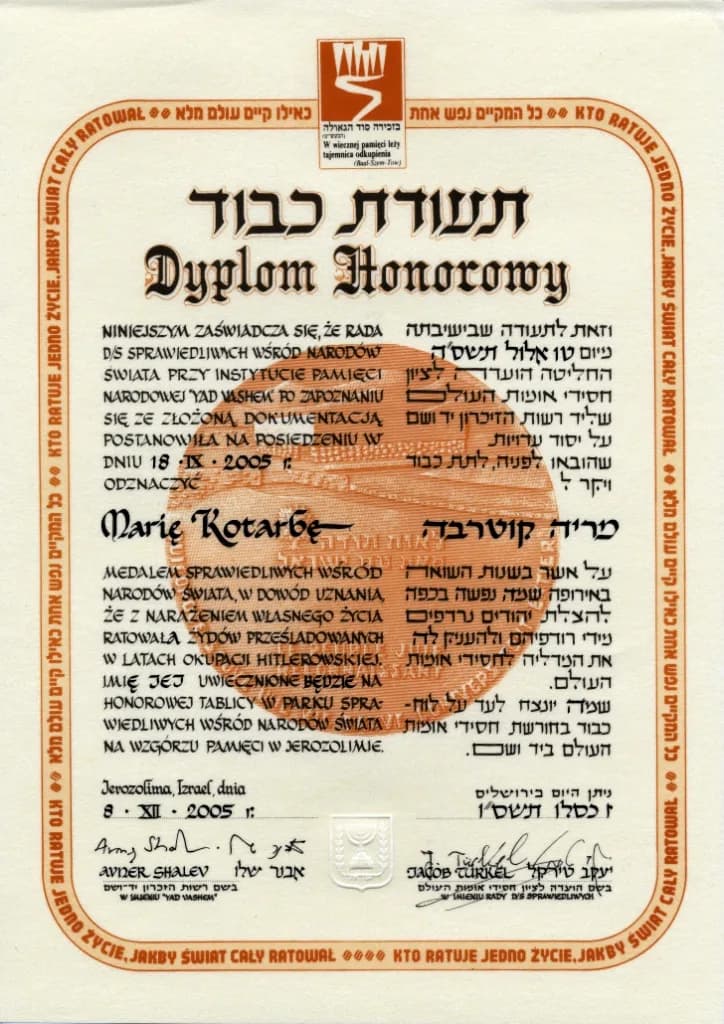 Princess Alice of Battenberg - Scanned image of Maria Kotarba's Righteous Among the Nations diploma awarded by Yad Vashem, Jerusalem, 2005.