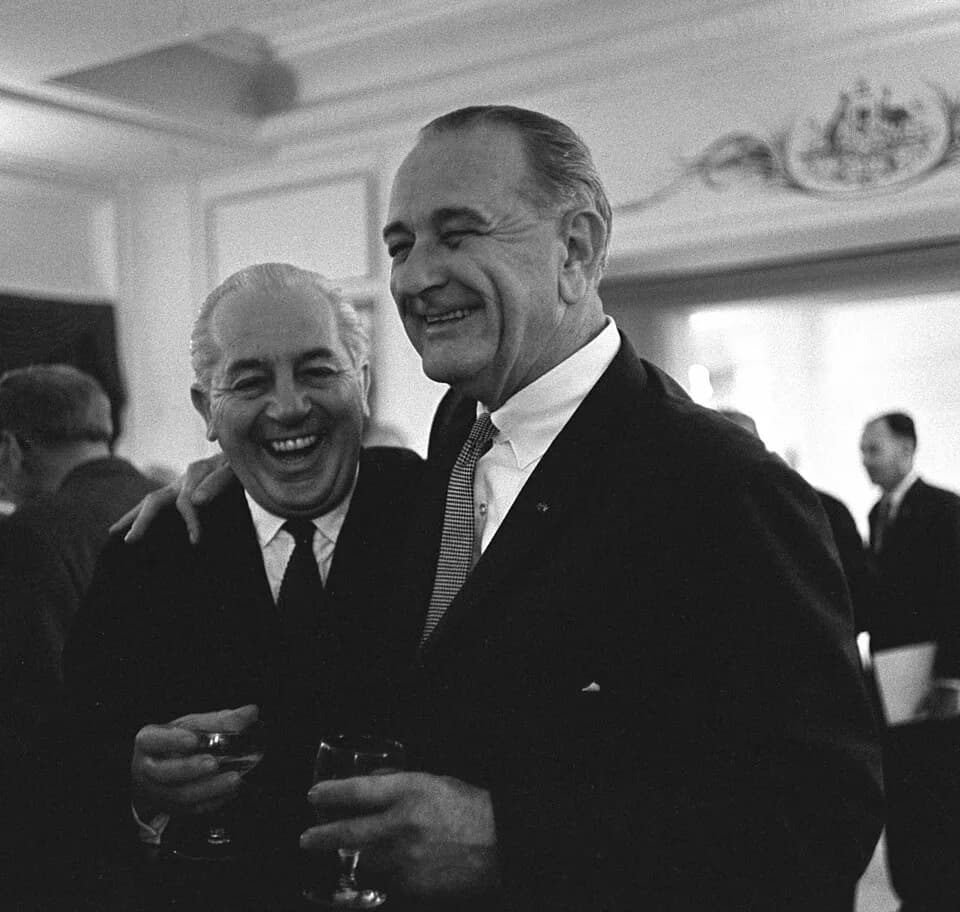 Harold Holt - Harold Holt and Lyndon B. Johnson at reception at Government House, Canberra, Australia.