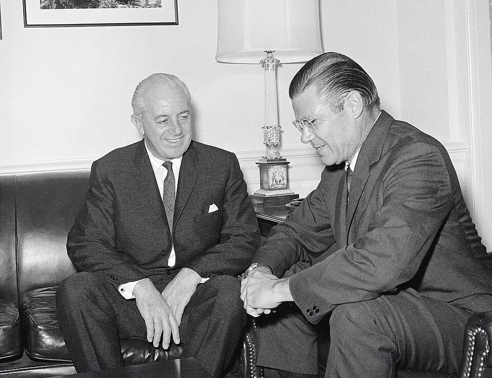 Harold Holt - Secretary of Defense w:en:Robert McNamara, right, meets at the Pentagon with w:en:Harold Holt, prime minister of Australia, in Arlington, Virginia USA.