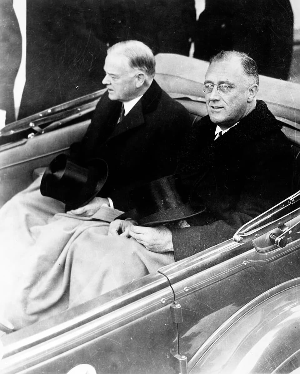 Herbert Hoover - Franklin Delano Roosevelt and Herbert Hoover in convertible automobile on way to U.S. Capitol for Roosevelt's inauguration, March 4, 1933