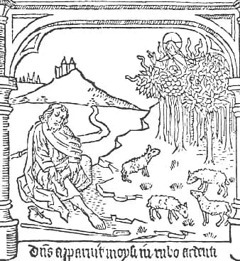 Mircea Eliade - Dominus apparauit moysi in rubo ardenti, woodcut from an edition of the Speculum Humanae Salvationis