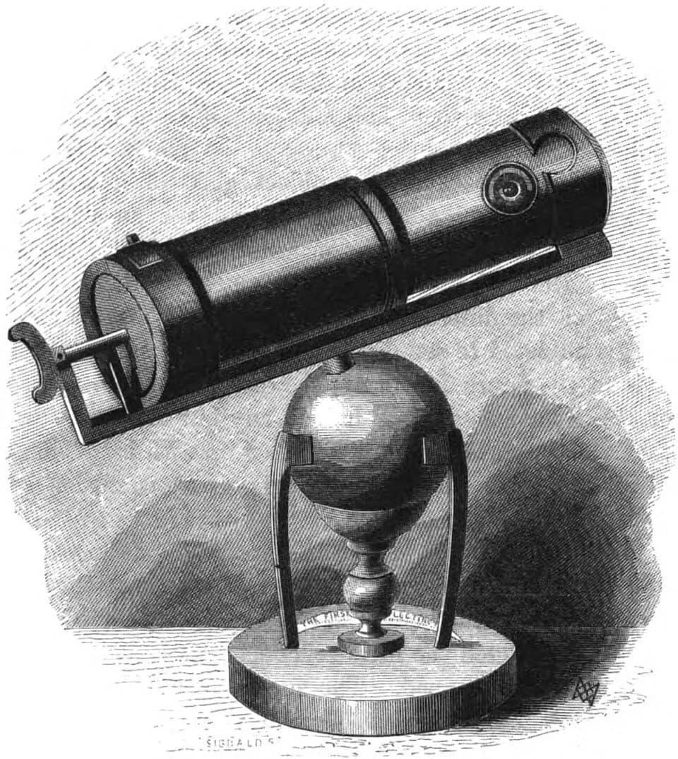 Val Logsdon Fitch - The first reflecting telescope, built by British scientist Isaac Newton in 1668.  It had a 6 in. aperture and magnified 40 times