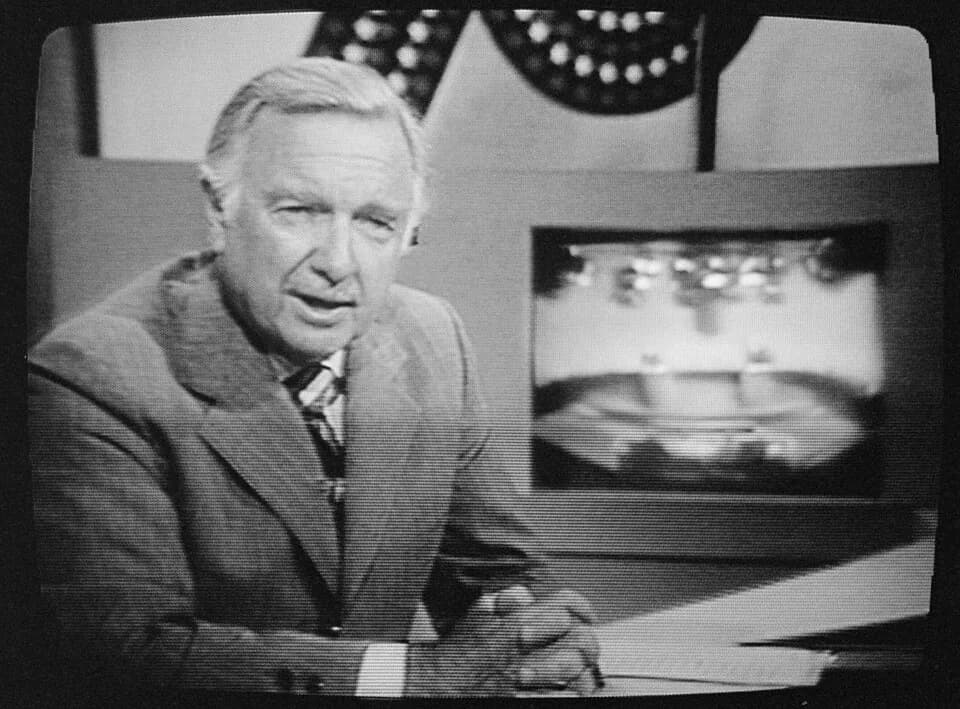 Walter Cronkite - American broadcast journalist Walter Cronkite (b. 1916) on television during 1st presidential debate between Gerald Ford and Jimmy Carter, Philadelphia, Pennsylvania, on 23 September