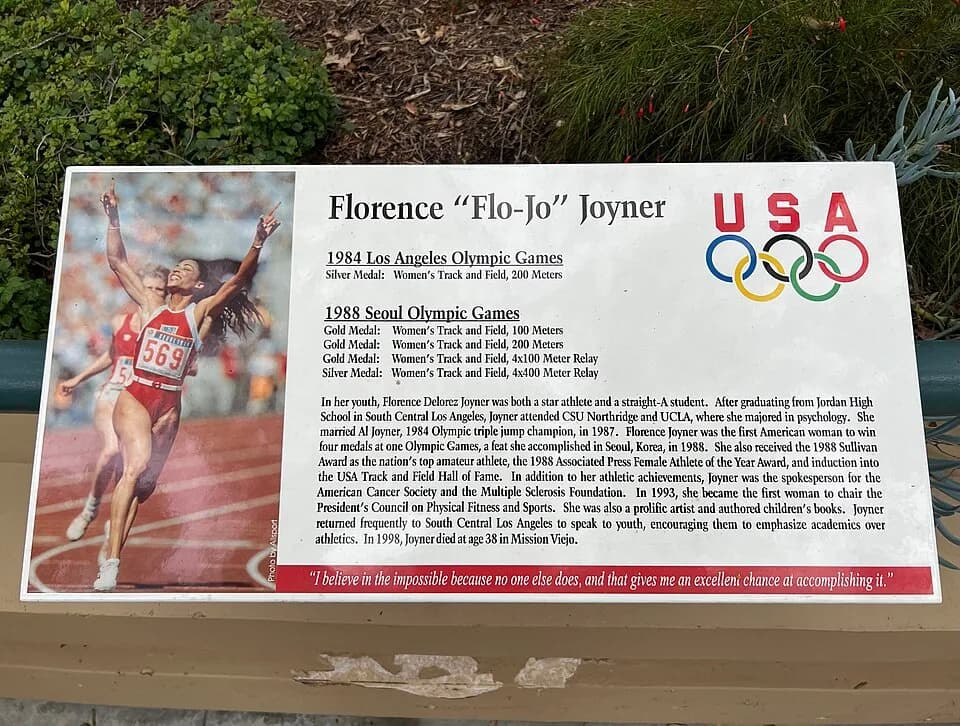 Florence Griffith Joyner - Plaque of Florence Joyner at Florence Joyner Olympiad Park in Mission Viejo, California.