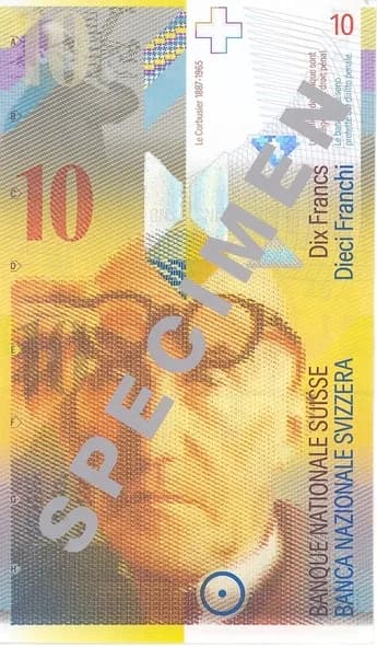 Le Corbusier - Front of the 10 Swiss Francs banknote. Part of the 8th series of Swiss Bank notes, issued in 1996.