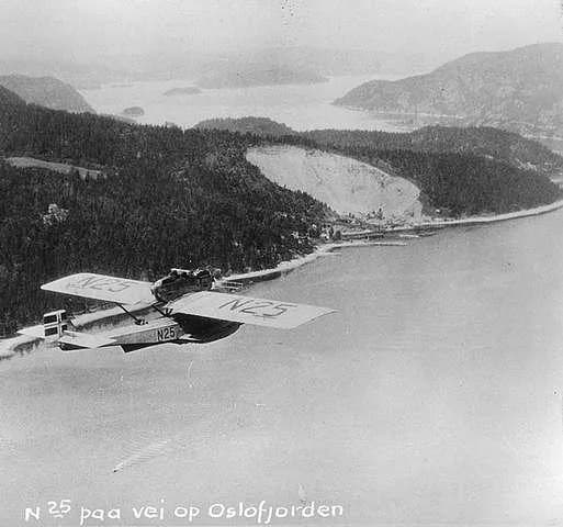 Roald Amundsen - Dornier Do J N25, belonging to Norwegian polar explorer Roald Amundsen, flying up the Oslofjord in Norway from Horten to Oslo.