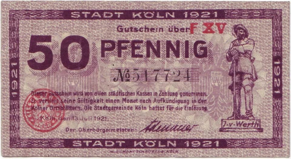 Konrad Adenauer - 50 Pfennig, 1921, Köln, signed by the mayor of Cologne Konrad Adenauer, front, size:47mm x 87mm