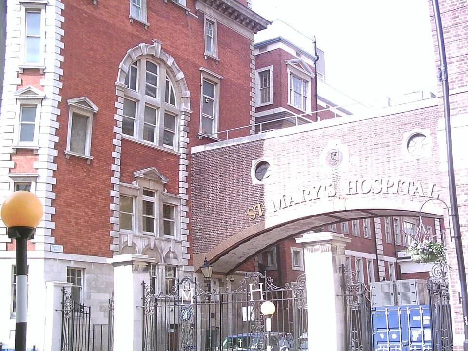 Alexander Fleming - The Clarence Memorial Wing at St Mary's Hospital, London, UK. Alexander Fleming's Laboratory was place just behind the window below the small pediment in the first flat.