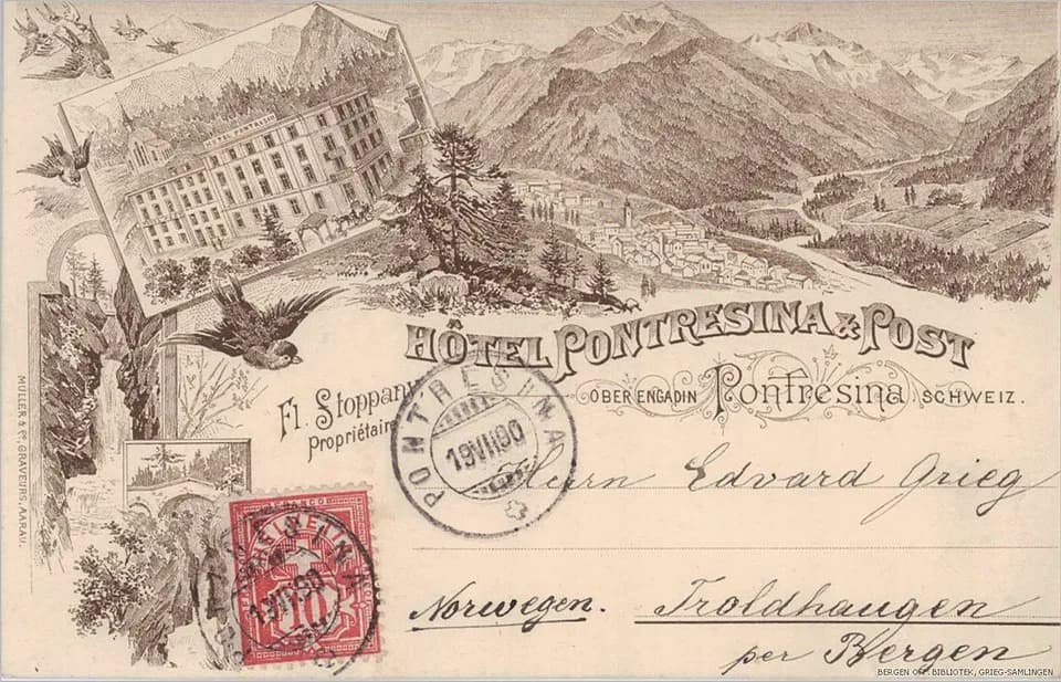Edvard Grieg - Ansichtskarte des Verlegers Max Abraham an Edvard Grieg, versandt aus Pontresina