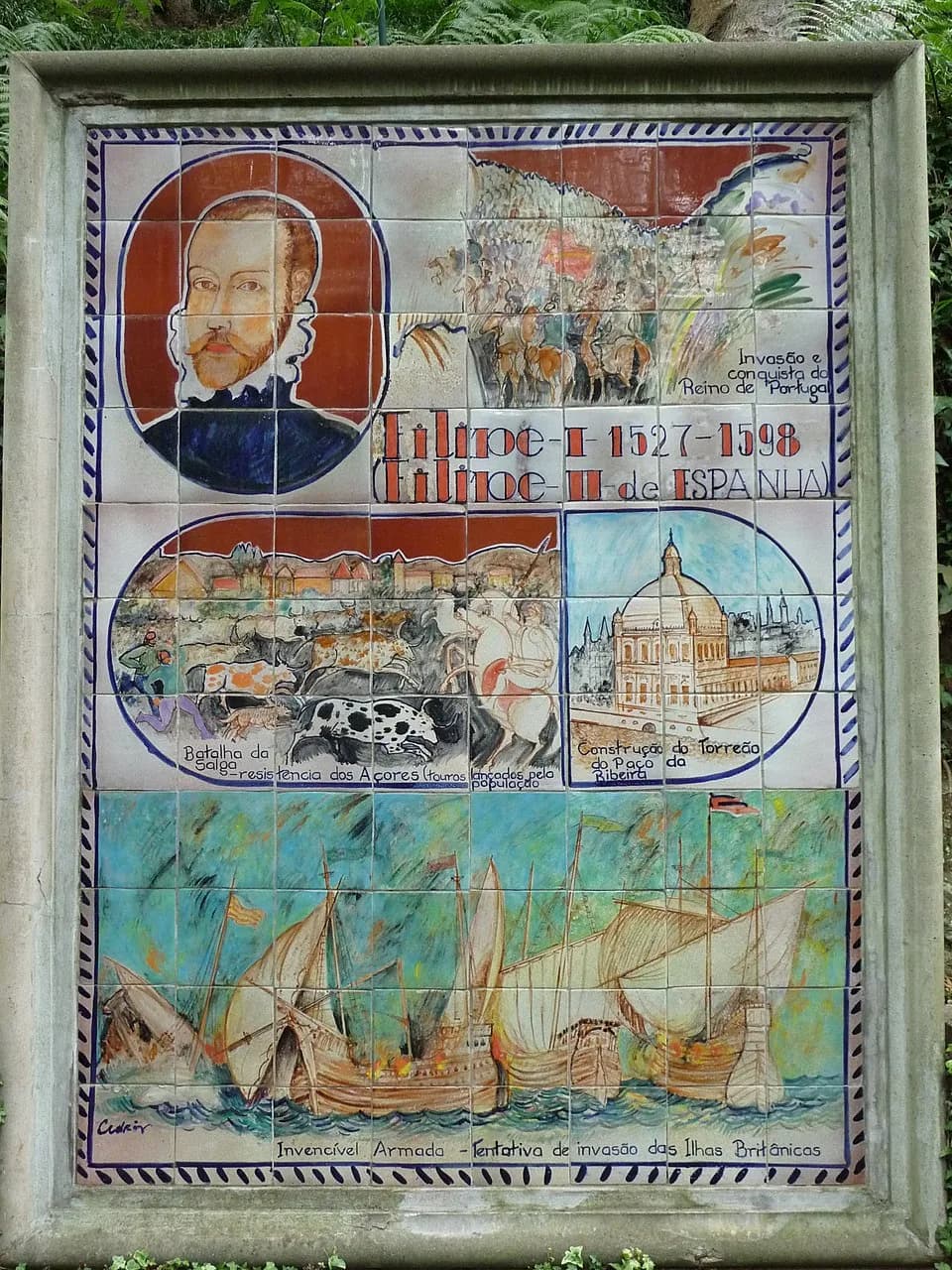 Philip II of Spain - I. Fülöp portugál király uralkodásának fontosabb eseményei (Madeira, Monte, Trópusi kert) — azulejo1. a Portugál Királyság megtámadása és meghódítása;2. a salgai csata az Azori-sz