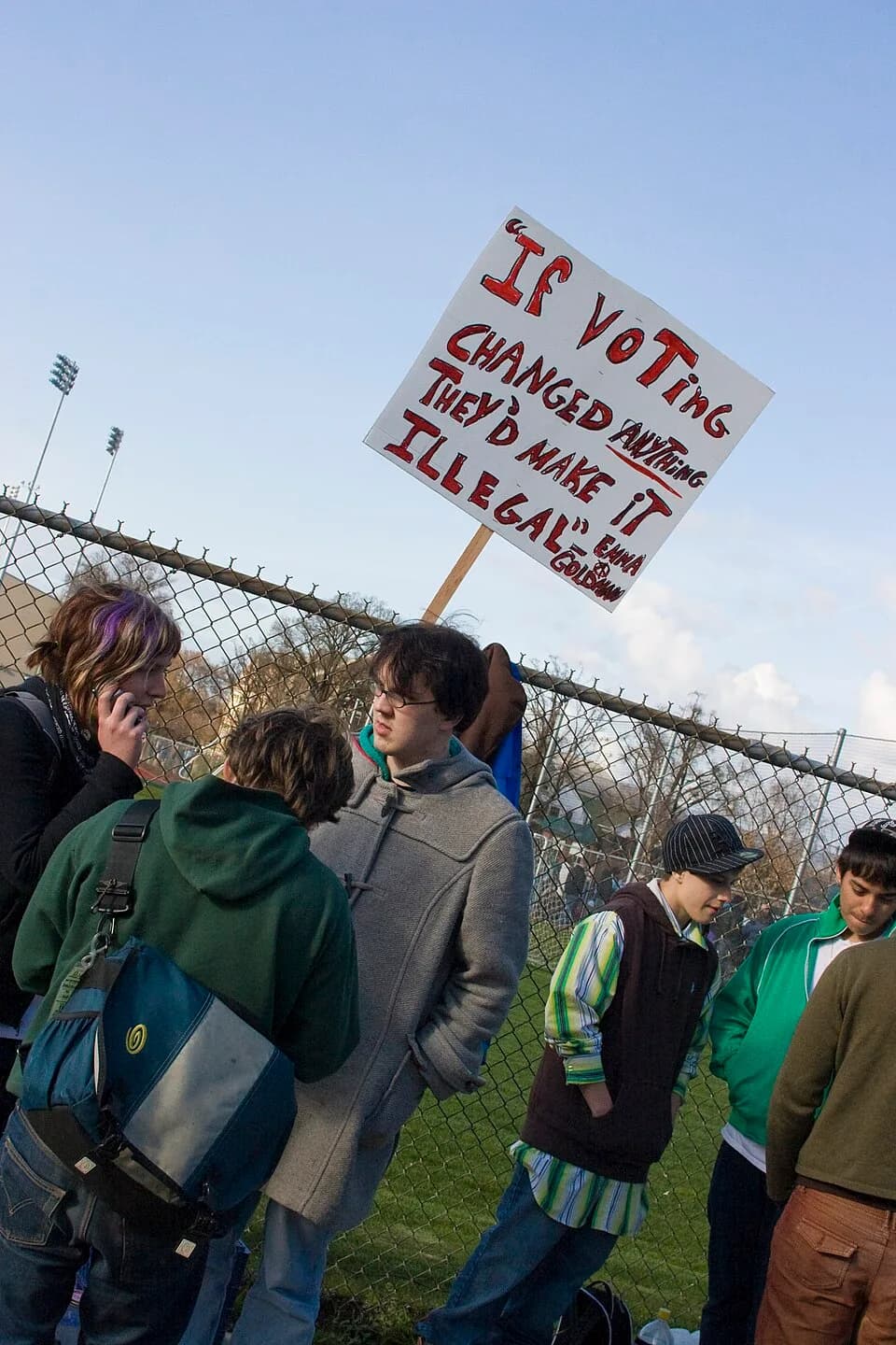 Emma Goldman - "If voting changed anything they'd make it illegal." --Emma Goldman
This was about the extent of provocateuring at the Obama rally. Well, this and some random people holding "McCain 20