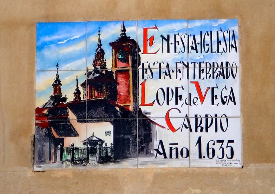 Lope de Vega - Cartel indicativo de que los restos mortales de Lope de Vega descansan en la Iglesia de San Sebastián de Madrid