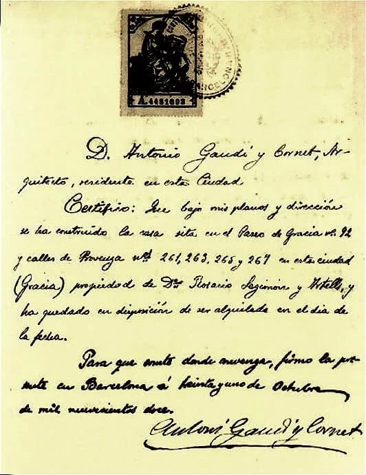 Antoni Gaudí - Certificado de finalización de las obras de la Casa Milà, autógrafo de Gaudí (1912).