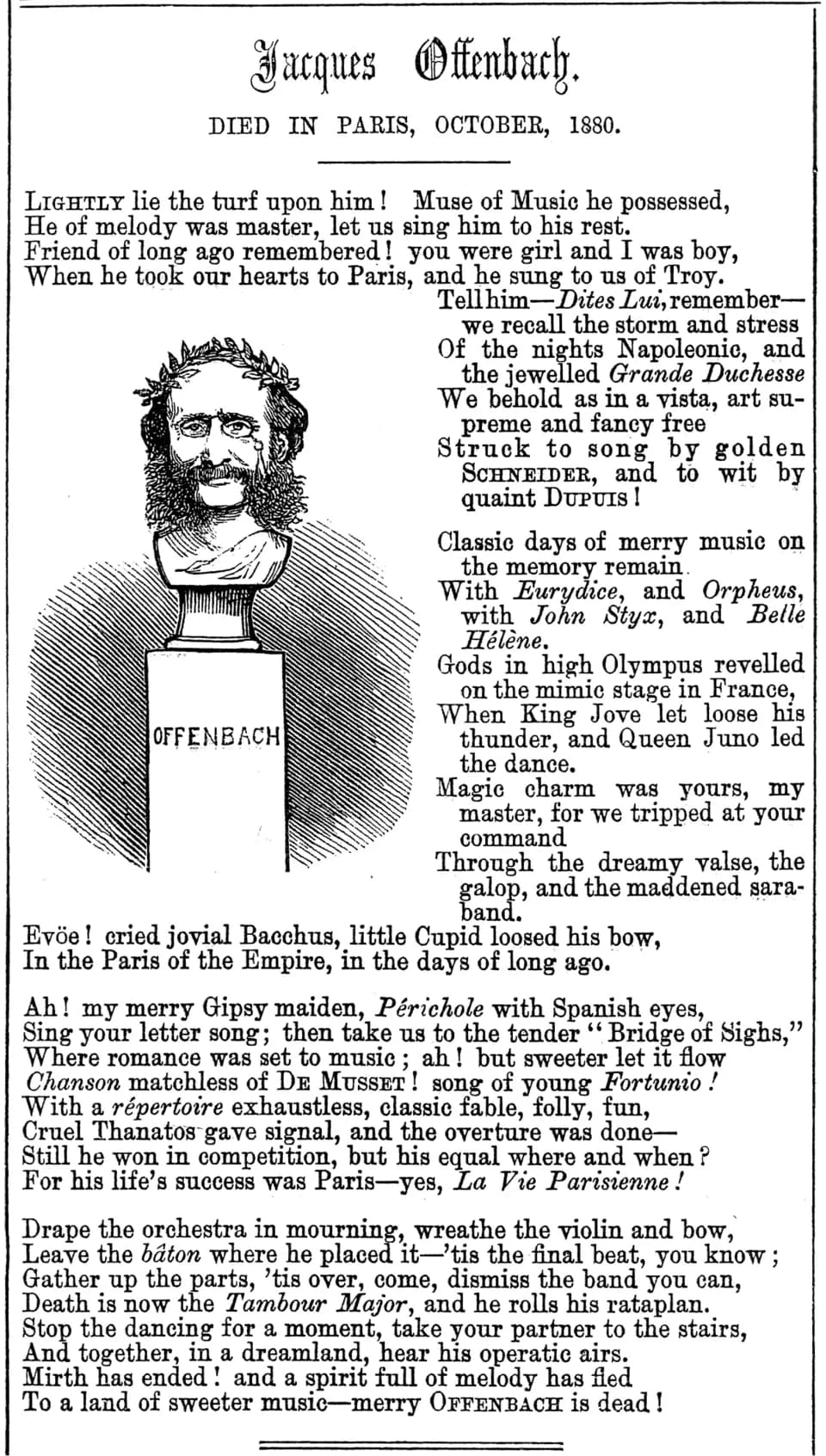 Jacques Offenbach - Elegy to Jacques Offenbach in the illustrated English magazine, Punch.