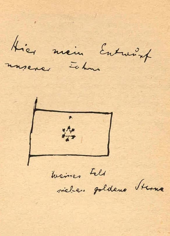 Theodor Herzl - The Seven Stars flag, drawn by HerzlTranslation: Here (is) my design for our flag, white field, seven gold stars.