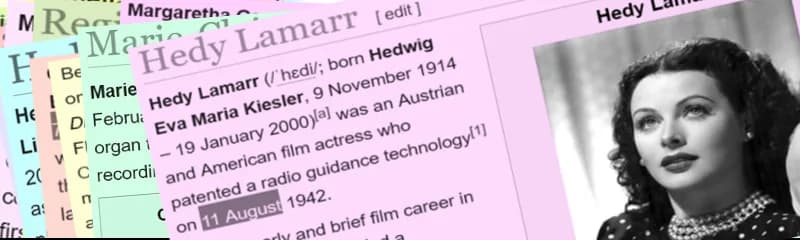Hedy Lamarr - #wikiwomeninred banners by me sand using en:wiki screen shots. Dates and sources are given in file name and image
