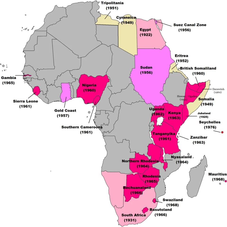 Harold Macmillan - Map of British decolonisation in Africa. The beige areas were under British military administration after WW2. The different shades of pink refer to the stages of decolonization acc