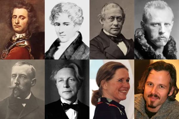 Niels Henrik Abel - Collage of images representing the Norwegian people.
Top Row (left to right): Peder Tordenskjold, Niels Henrik Abel, Frederik Stang, Fridtjof Nansen.
Bottom Row (left to right):
